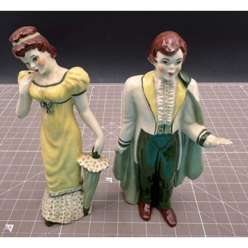 Vintage Porcelain Pair English Courting Couple Green Yellow Cape Umbrella